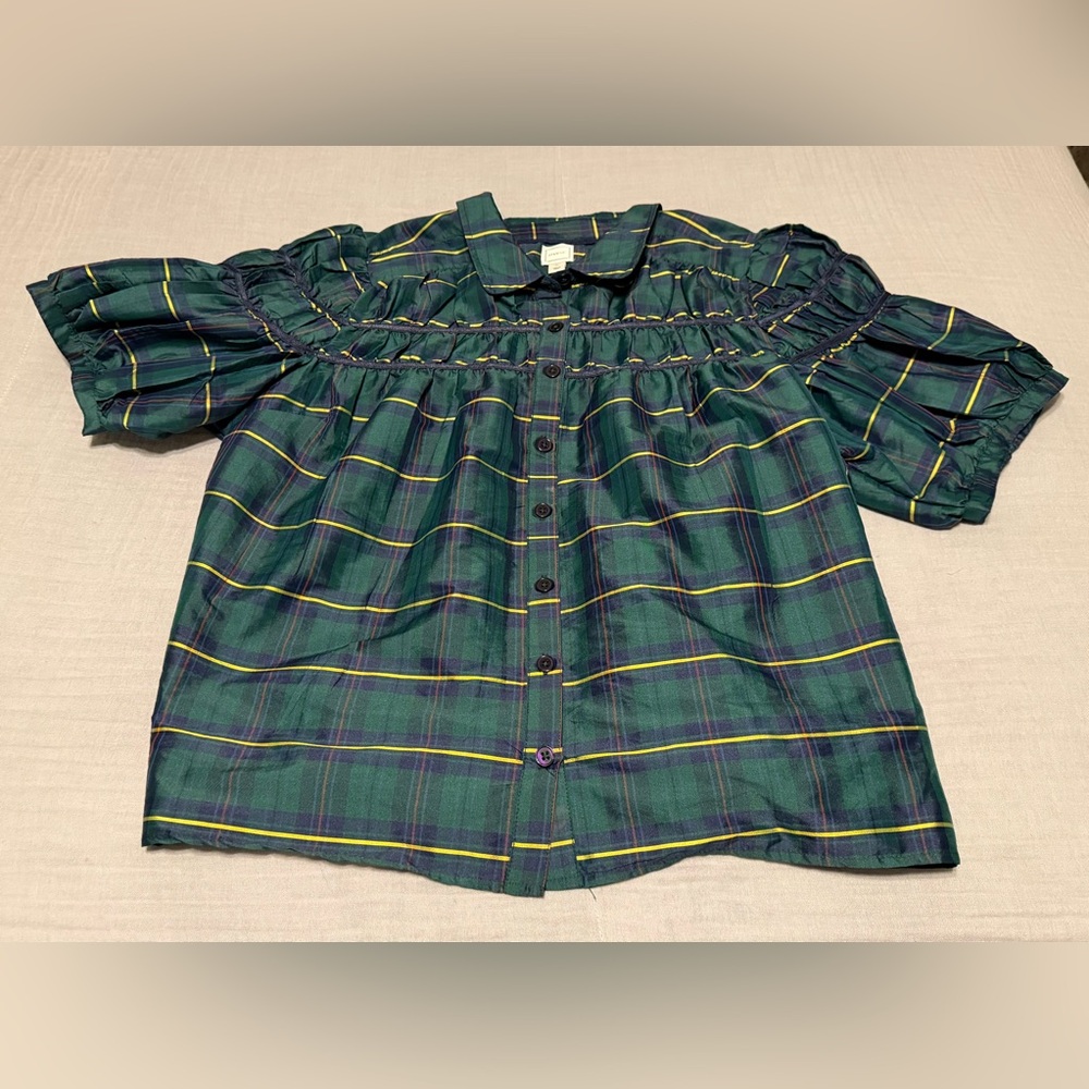 Anthropologie Maeve The Leandra
Taffeta Shirred Yoke Blouse Green Plaid 2X - Picture 3 of 8
